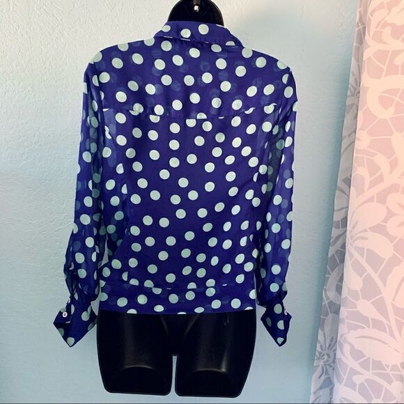 Express Semi Sheer Blue & Mint Green Polka Dot Tie Blouse Size Small/Medium - Picture 9 of 13
